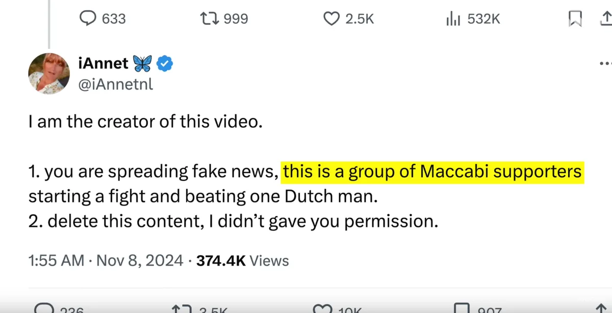 A screenshot of a Twitter/X post by user iAnnet, who claims to be the video's creator and accuses others of spreading fake…