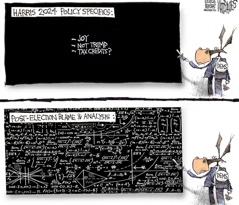 The image is a two-panel political cartoon. The top panel shows a person labeled 'DEMS' pointing at a blackboard titled…
