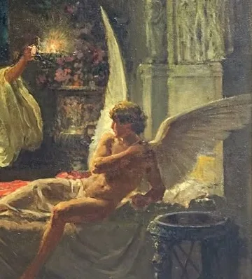 A classical painting depicts a winged angel sitting on a bed, holding a candle, while a woman in a yellow robe stands in the…