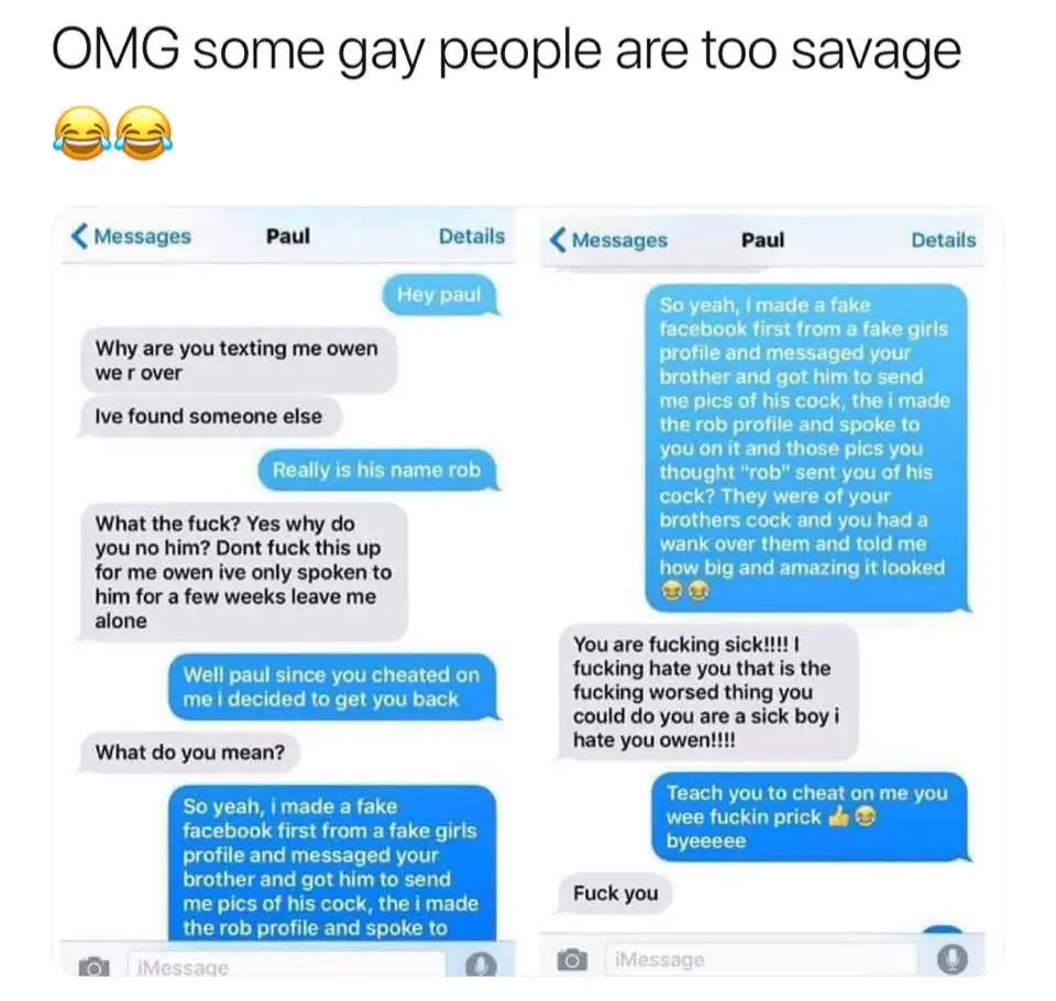 The image displays two side-by-side screenshots of iMessage conversations between two people named Paul and Owen. Both…