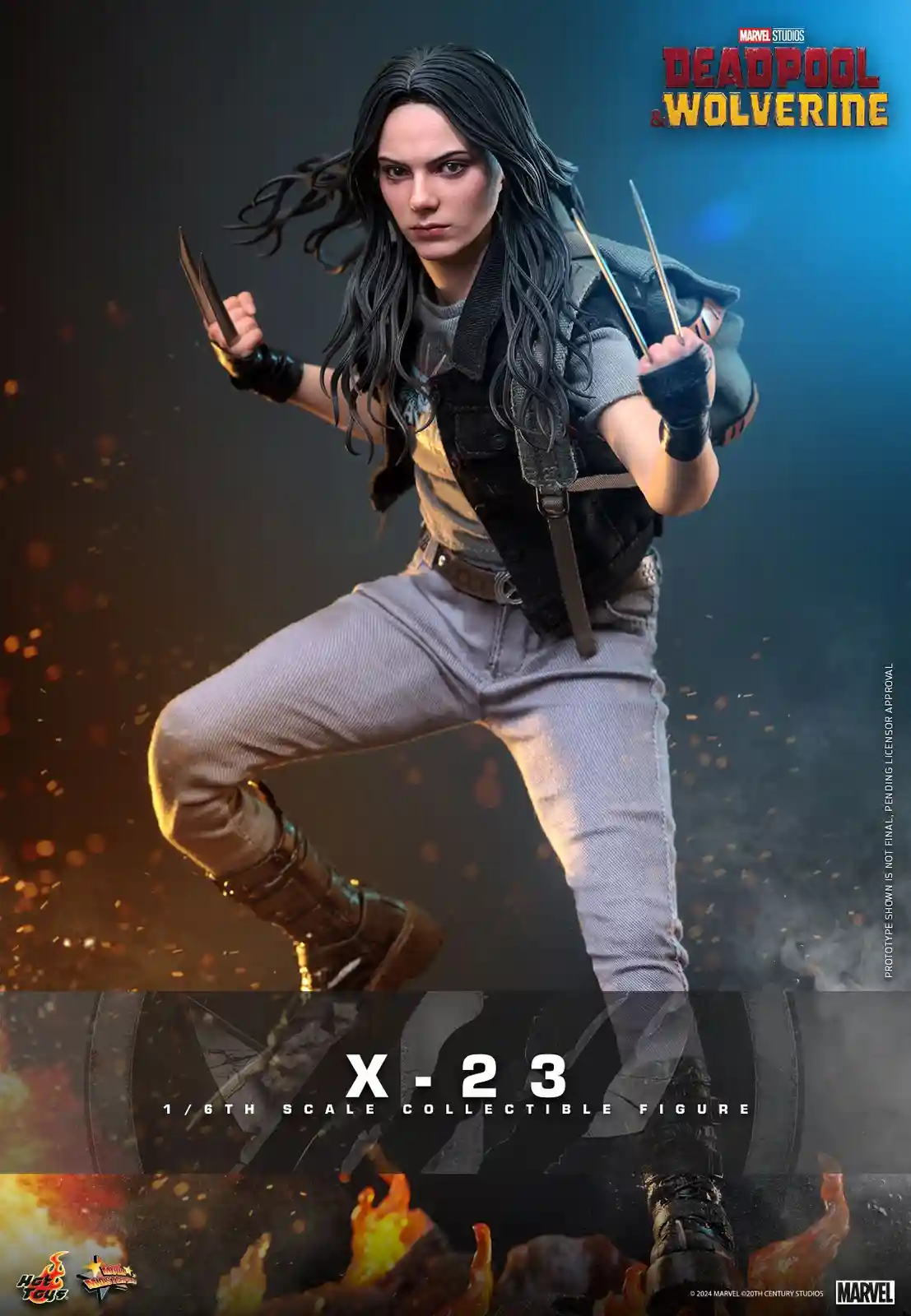A promotional image for a Hot Toys collectible figure of X-23 from the movie Deadpool & Wolverine, showing her in a dynamic…