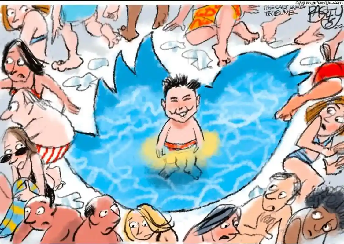 A cartoon depicts a smiling boy happily swimming in a blue pool while surrounded by a crowd of adults and children on the…
