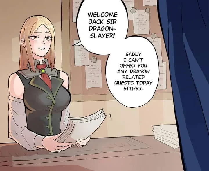 A blonde anime-style woman in a fantasy-themed uniform stands behind a desk holding papers, smiling as she speaks. Two…