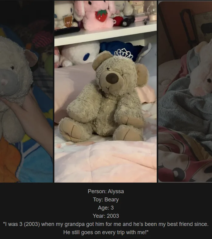 A three-panel image collage shows a person holding a grey teddy bear, a central photo of a beige teddy bear wearing a tiara…