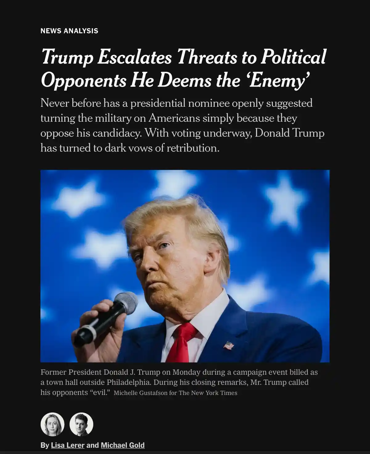 A screenshot of a New York Times news analysis article with a headline about Donald Trump escalating threats to political…