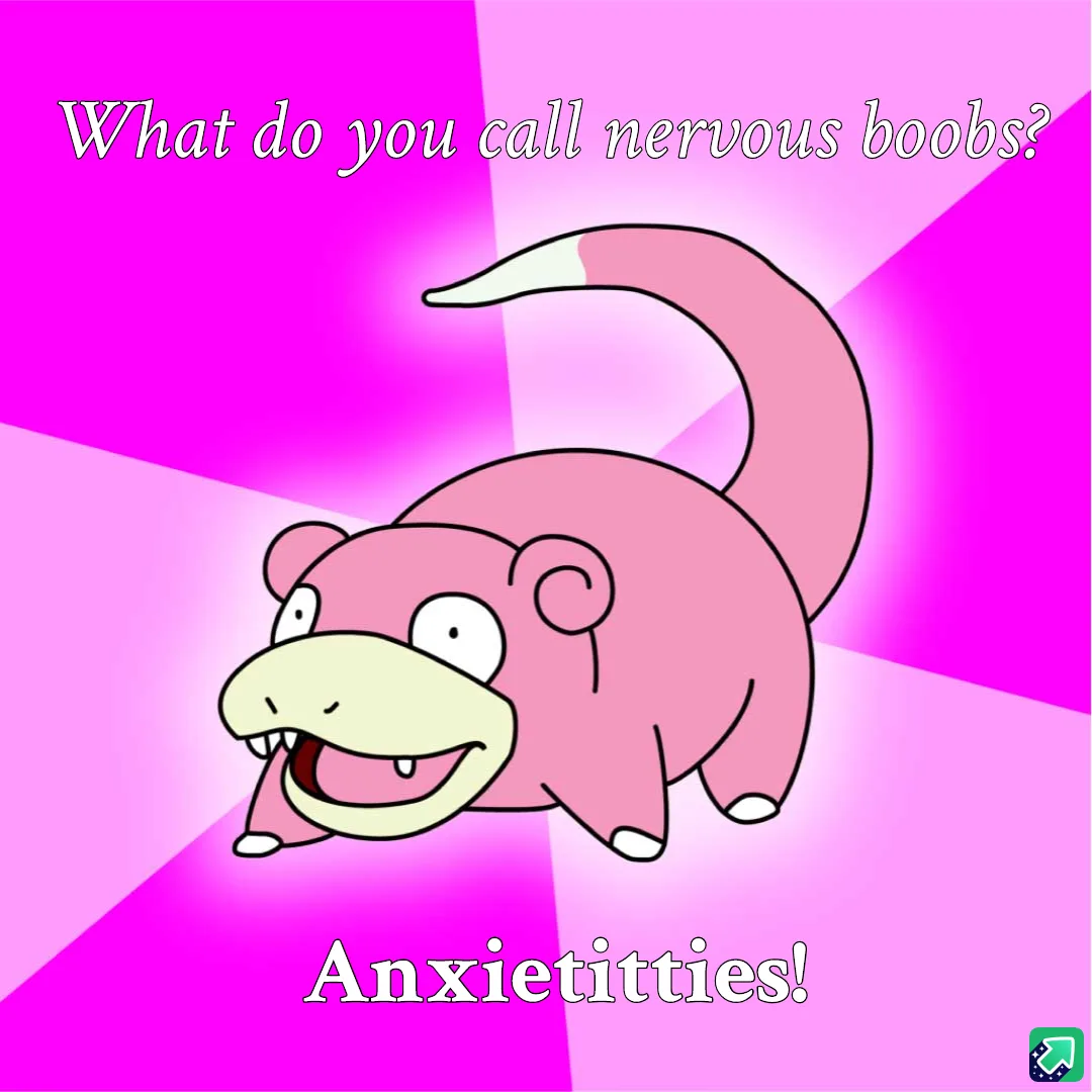 A pink cartoon Pokémon, Slowpoke, is shown against a bright pink and magenta background with radiating lines. Text at the…