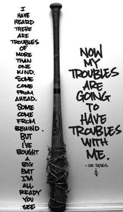 A black-and-white image of a baseball bat wrapped in barbed wire, standing upright against a wall. Text is handwritten in…