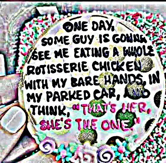 A heavily filtered and distorted image shows a hand holding a plate with a rotisserie chicken, surrounded by colorful…