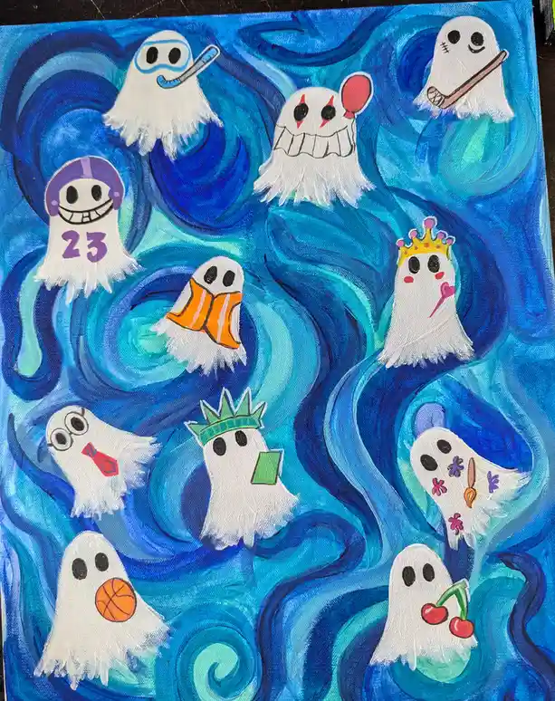 A hand-painted artwork mimicking Edvard Munch's 'The Scream' but with cartoon ghosts instead of a human figure. The swirling…