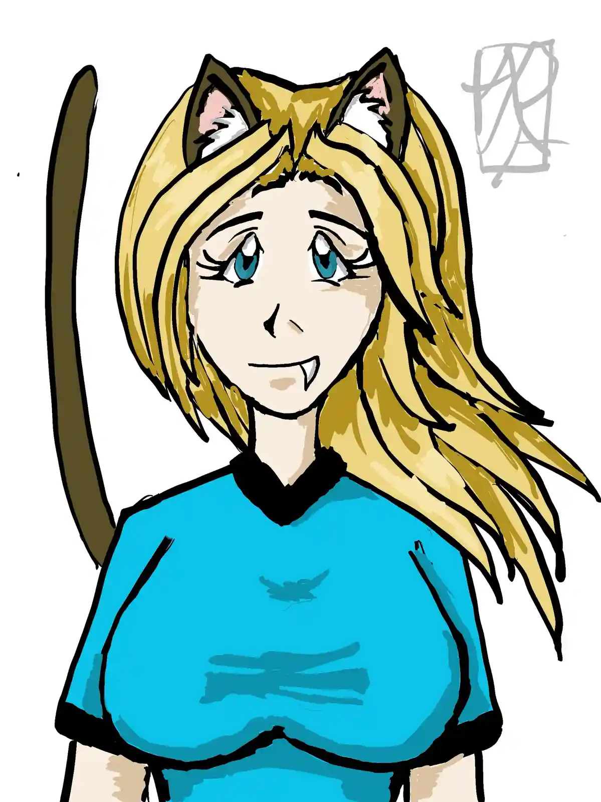 A cartoon drawing of a blonde-haired girl with blue eyes, wearing a blue shirt with black trim and a small bird logo. She…