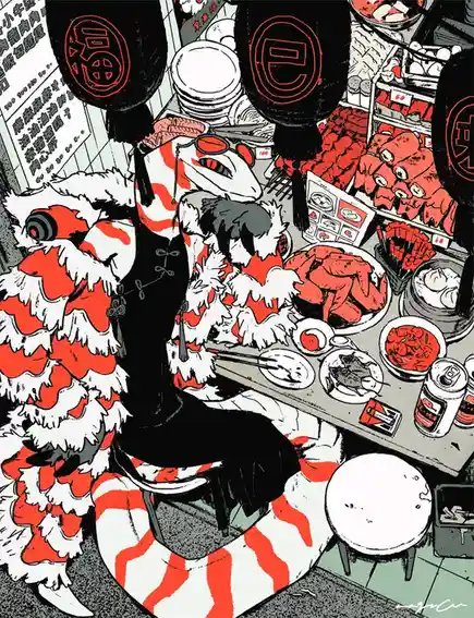 An anime-style illustration shows a person in a black outfit sitting at a table laden with Chinese food like crab…