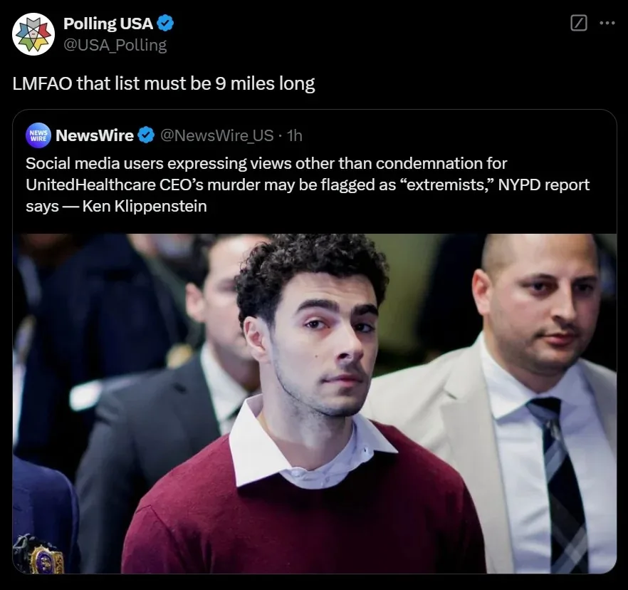 A screenshot of a tweet from Polling USA replying to a NewsWire tweet about social media users being flagged as extremists…