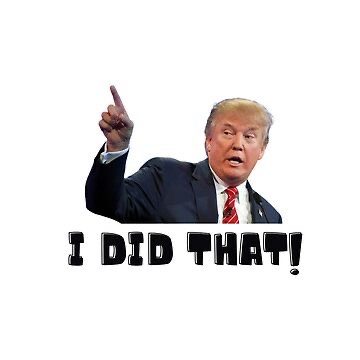A cropped image of Donald Trump pointing upward with his right index finger, wearing a dark suit, white shirt, and red tie…