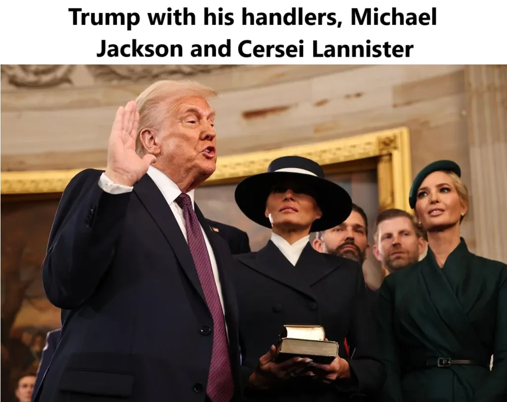 A photo of Donald Trump raising his right hand while taking an oath, standing beside Melania Trump holding a Bible. To his…