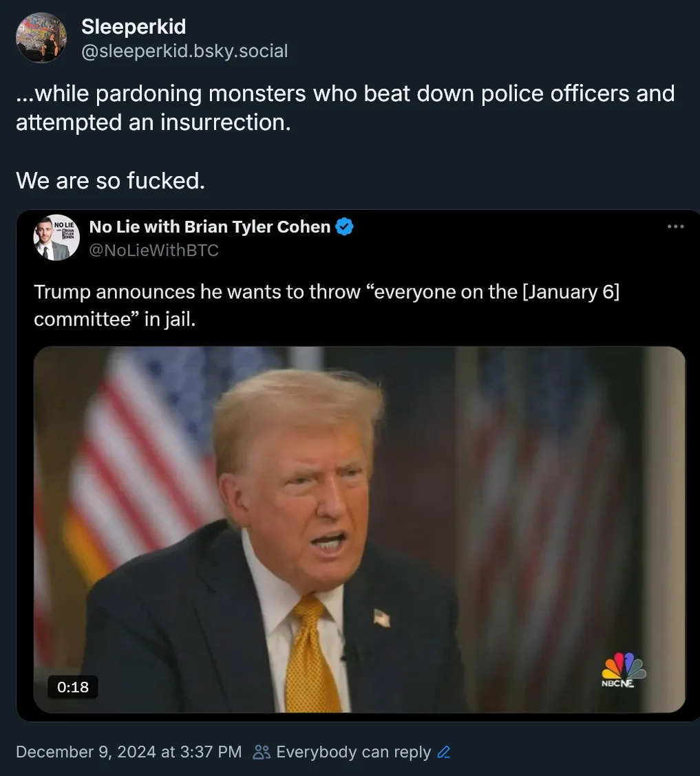 A screenshot of a social media post by 'Sleeperkid' shows a video clip of Donald Trump speaking with a shocked expression…