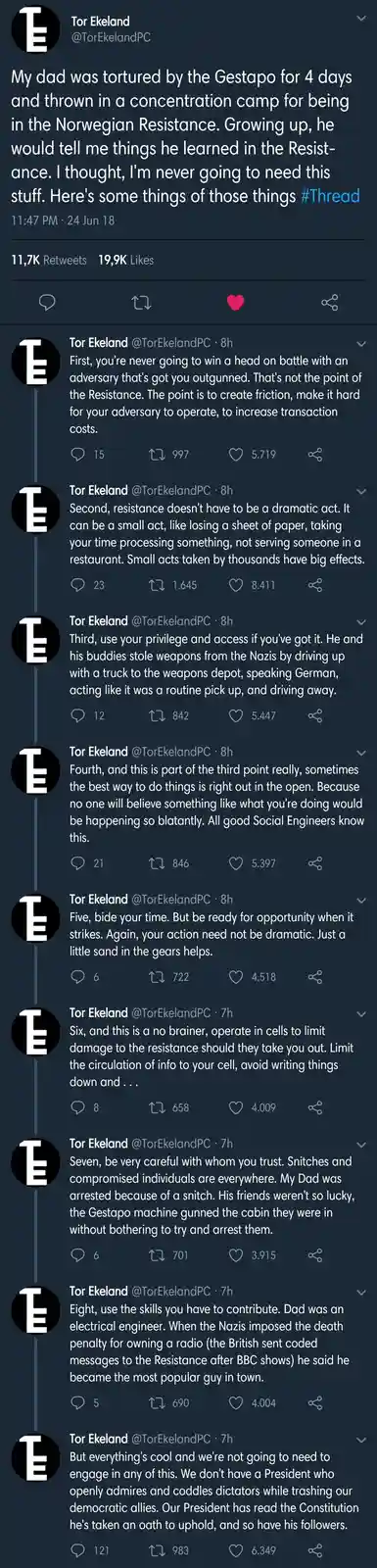 A screenshot of a Twitter thread by Tor Ekeland detailing lessons learned from his father's experiences in the Norwegian…
