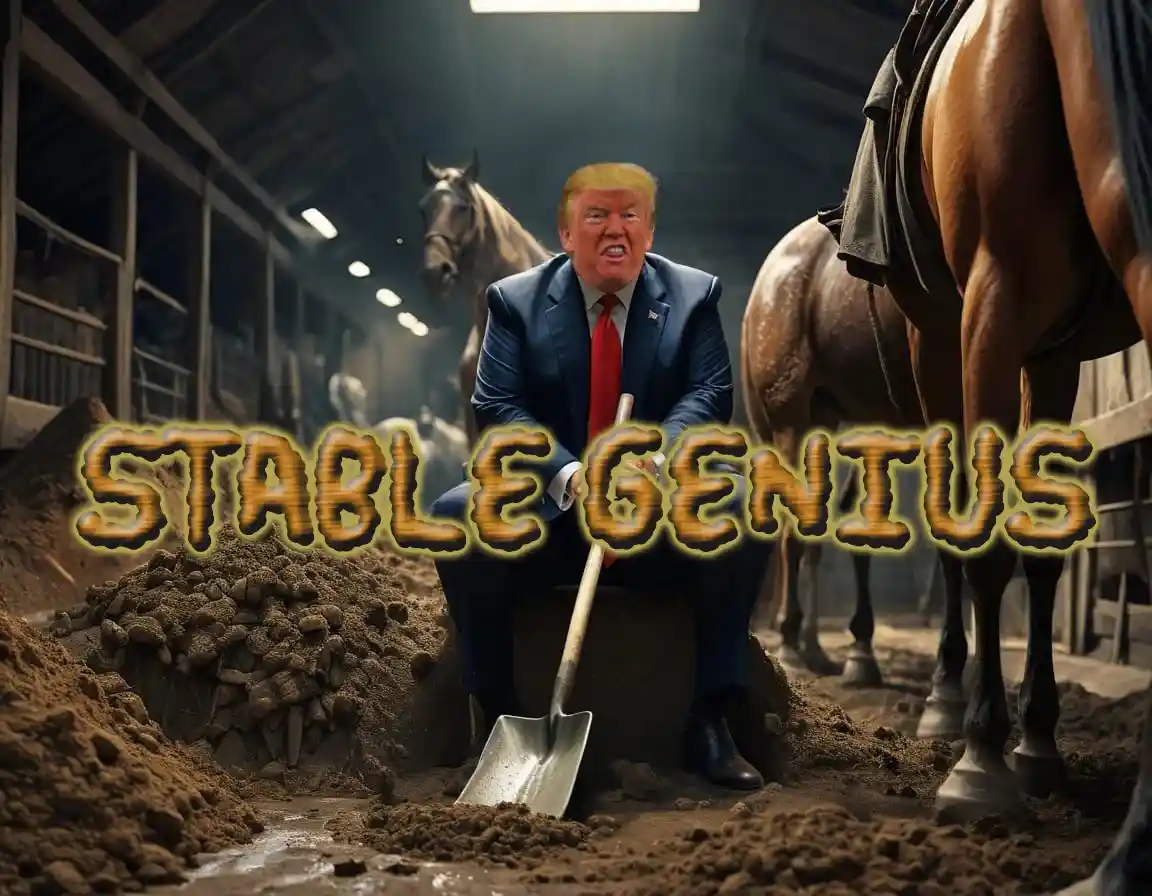 A digitally altered image shows a man in a blue suit and red tie sitting on a horse stall in a stable, holding a shovel…