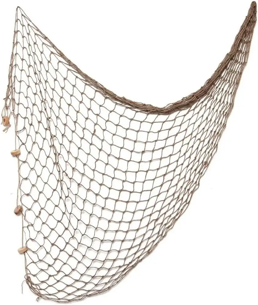 A brown, woven fishing net with wooden toggles along one edge is displayed against a plain white background. The net is…