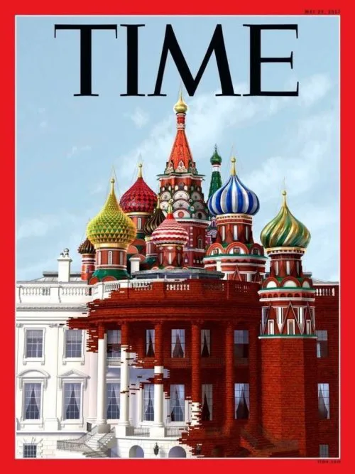 A digitally altered TIME magazine cover where the upper portion shows St. Basil's Cathedral in Moscow with its colorful…