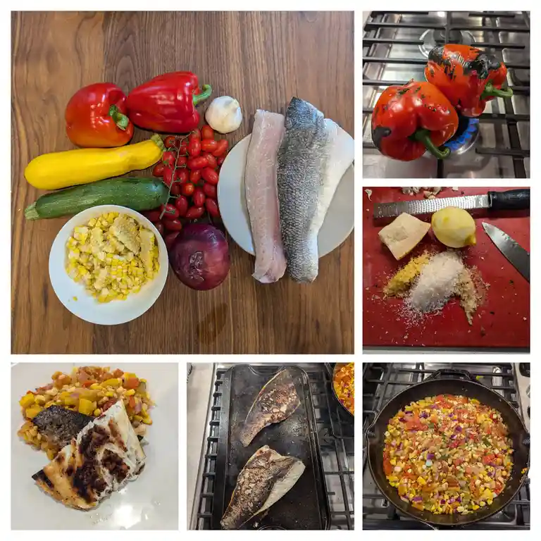 A six-panel collage shows the progression of a cooking attempt: fresh ingredients (peppers, zucchini, fish, corn) are…