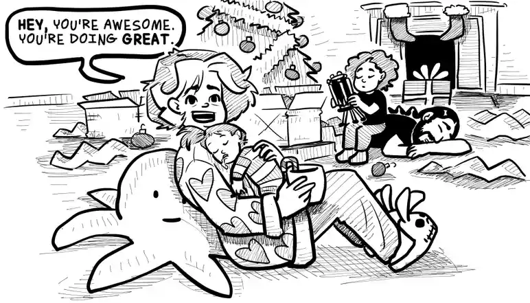 A black-and-white cartoon depicts a chaotic holiday scene with a person holding a sleeping child, surrounded by cluttered…