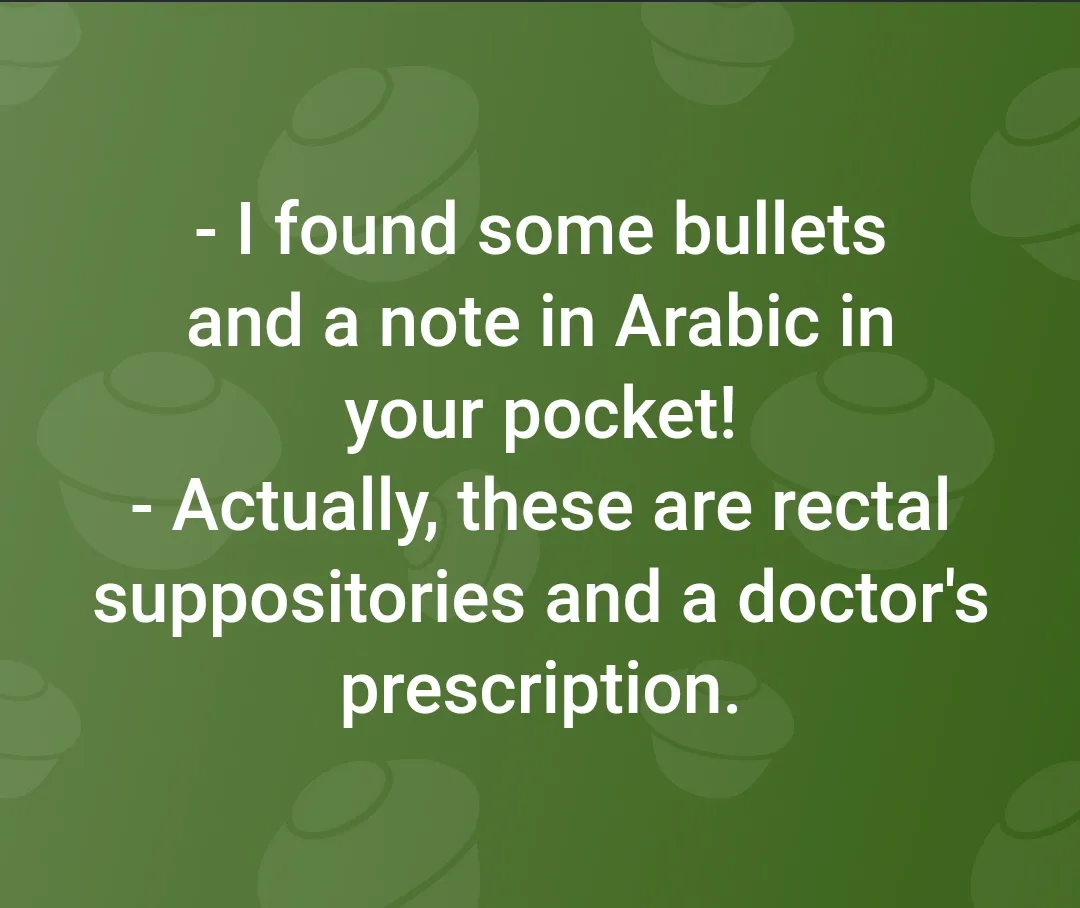 The image displays white text on a green background with faint, repeating outlines of pills. The text shows a dialogue: the…