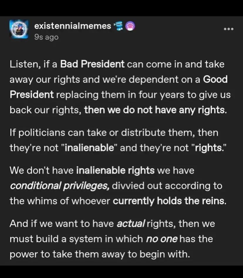 A screenshot of a social media post with white text on a dark background, discussing the conditional nature of political…