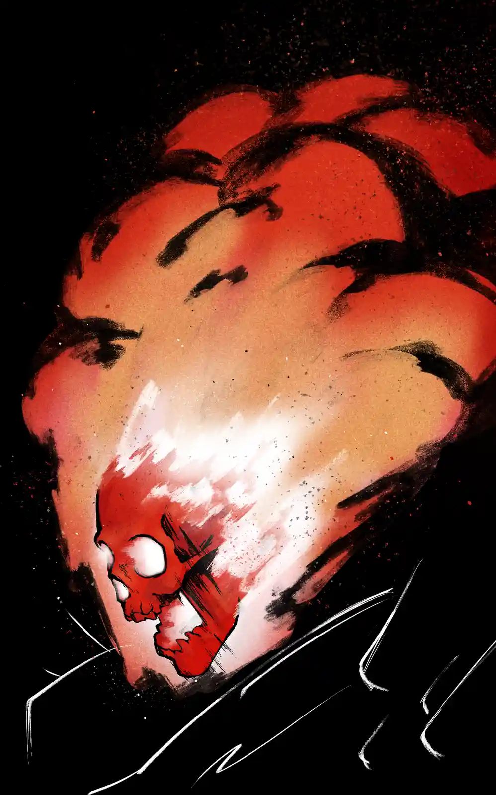 A stylized illustration shows a person's face in profile, rendered in warm reds and oranges against a black background with…