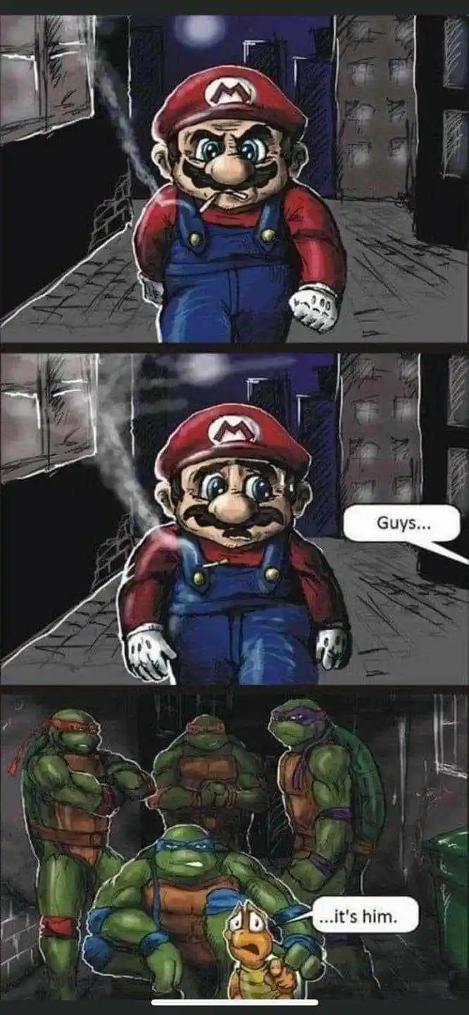 A three-panel comic shows Mario smoking a cigarette in a dark alley, looking nervous. He then says 'Guys...' as the scene…