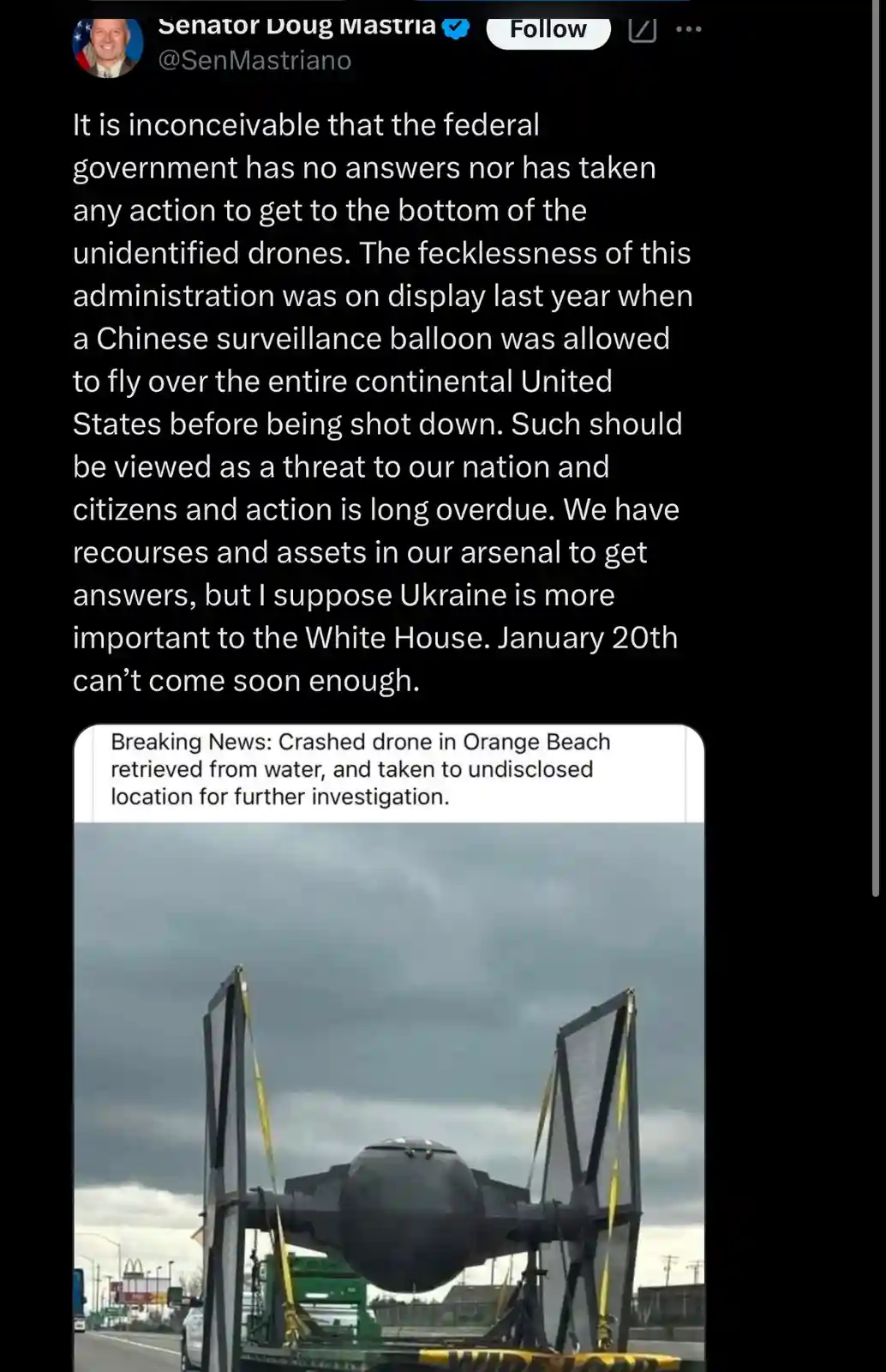 A screenshot of a tweet by Senator Doug Mastriano criticizing the federal government's handling of unidentified drones…