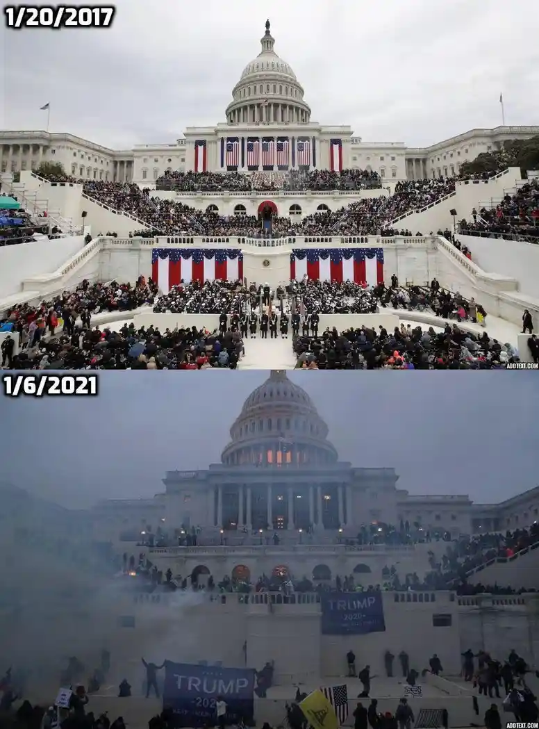 The image is a two-panel meme comparing the U.S. Capitol on January 20, 2017, with a large, orderly crowd for the…