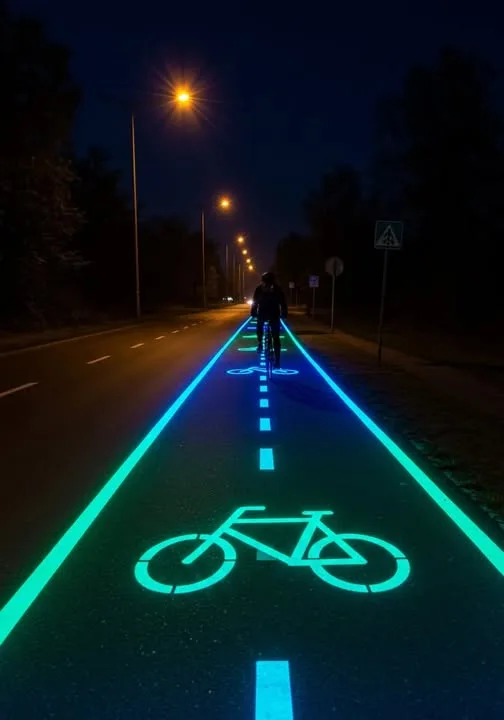 A person rides a bicycle at night on a road with glowing blue and green painted lines, including a large bicycle symbol on…