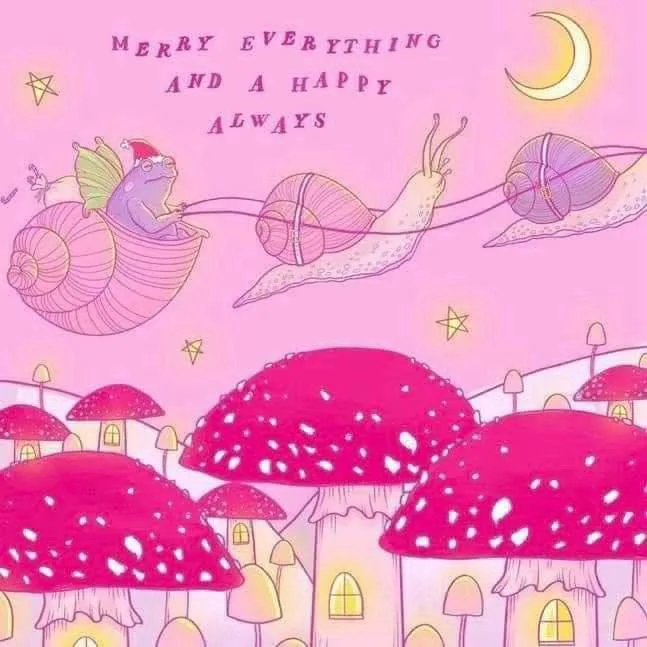 A whimsical pink-toned illustration shows a frog wearing a Santa hat riding a snail, pulling another snail through the sky…