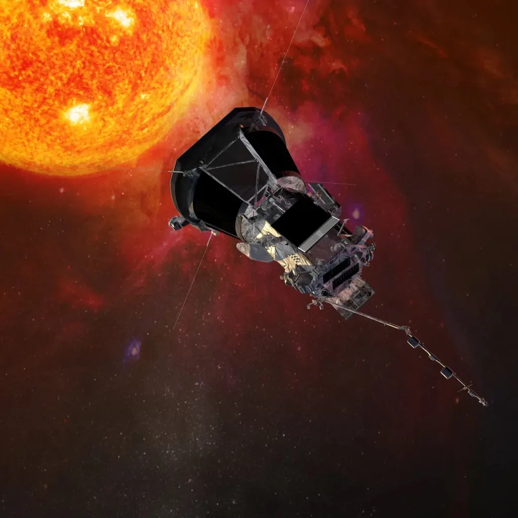A spacecraft is depicted in space near a large, fiery sun with a red nebula background. The overlaid text reads 'the sun is…