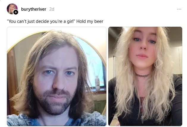 The image displays two side-by-side selfies: on the left, a man with shoulder-length brown hair and a beard, looking…