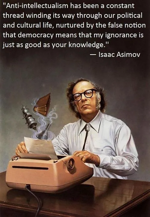 A painted portrait of Isaac Asimov typing on a beige typewriter, with a book and a robot floating above the paper, as he…