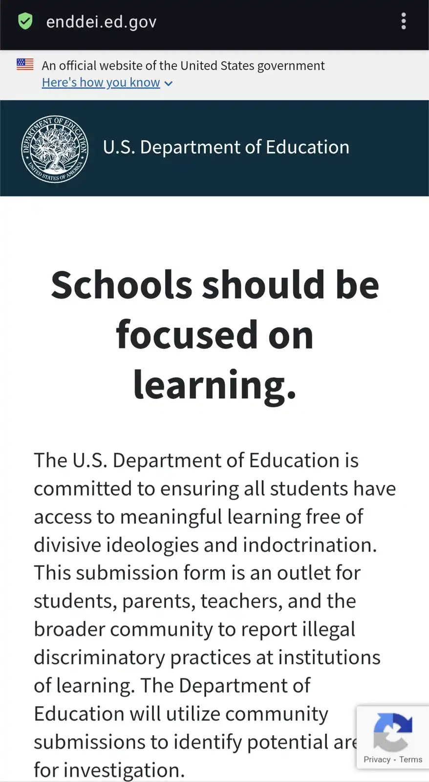 A screenshot of the U.S. Department of Education website (enddei.ed.gov) showing a form titled 'Schools should be focused on…