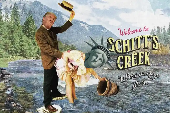 A digitally altered image shows Donald Trump standing in a river, tipping his hat, while the Statue of Liberty, with her…