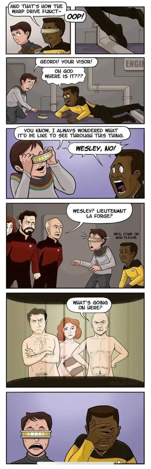 A six-panel comic strip parodying Star Trek: The Next Generation, showing Wesley Crusher (a young cadet) accidentally taking…