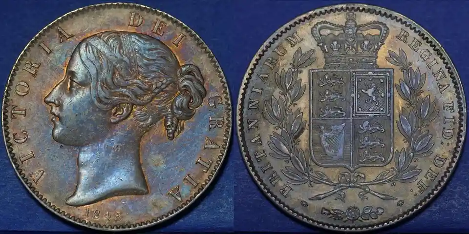 The image displays both sides of a 1845 British silver coin featuring Queen Victoria's profile on the obverse and the Royal…