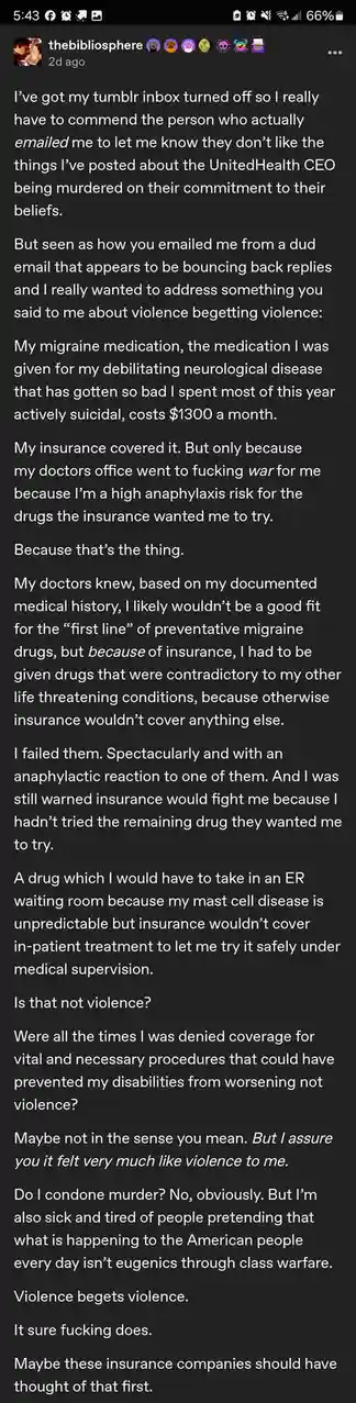 A screenshot of a Tumblr post by 'thebibliosphere' detailing a personal account of medical struggles with insurance. The…