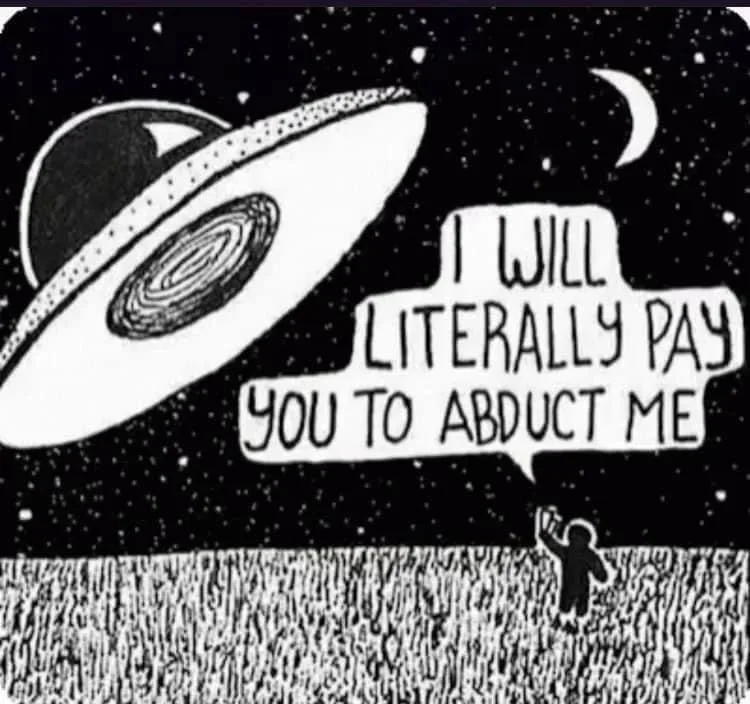 A black-and-white drawing shows a small human figure standing in a field, looking up at a classic flying saucer UFO against…
