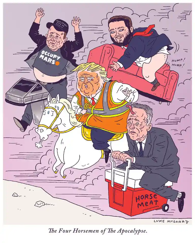 A cartoon depicts four caricatured men representing apocalyptic forces: one rides a white horse while wearing a safety vest…