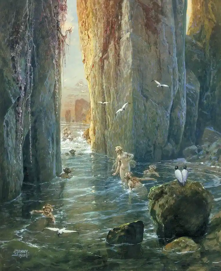 A classical painting depicts nude figures, including a central woman and children, bathing in a narrow, rocky gorge with…