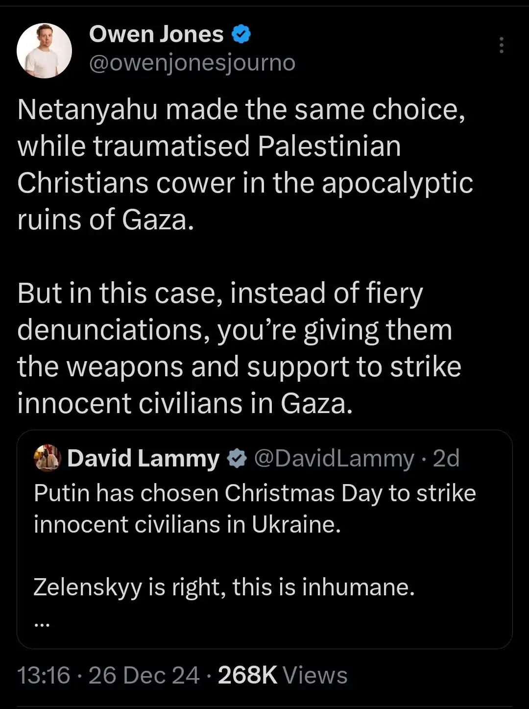A screenshot of a Twitter thread by Owen Jones, who responds to a tweet by David Lammy. Lammy's tweet states that Putin…