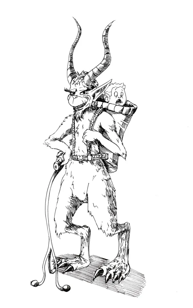 A black-and-white line drawing shows a horned, furry, demonic-looking creature standing upright with a terrified human child…