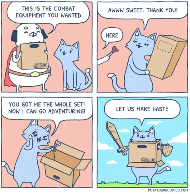 A four-panel comic shows a dog in a superhero costume handing a cardboard box to a cat, who happily opens it to find a…