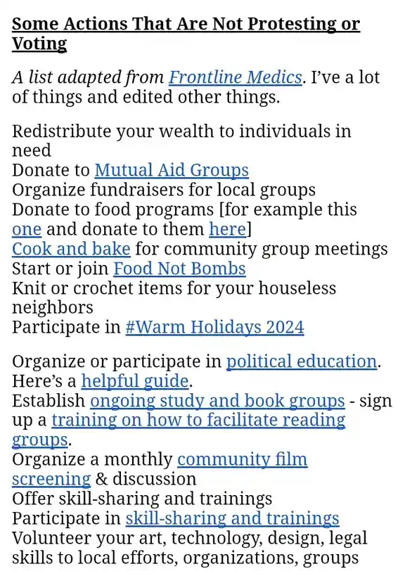 A white-background text document titled 'Some Actions That Are Not Protesting or Voting' lists alternative civic engagement…