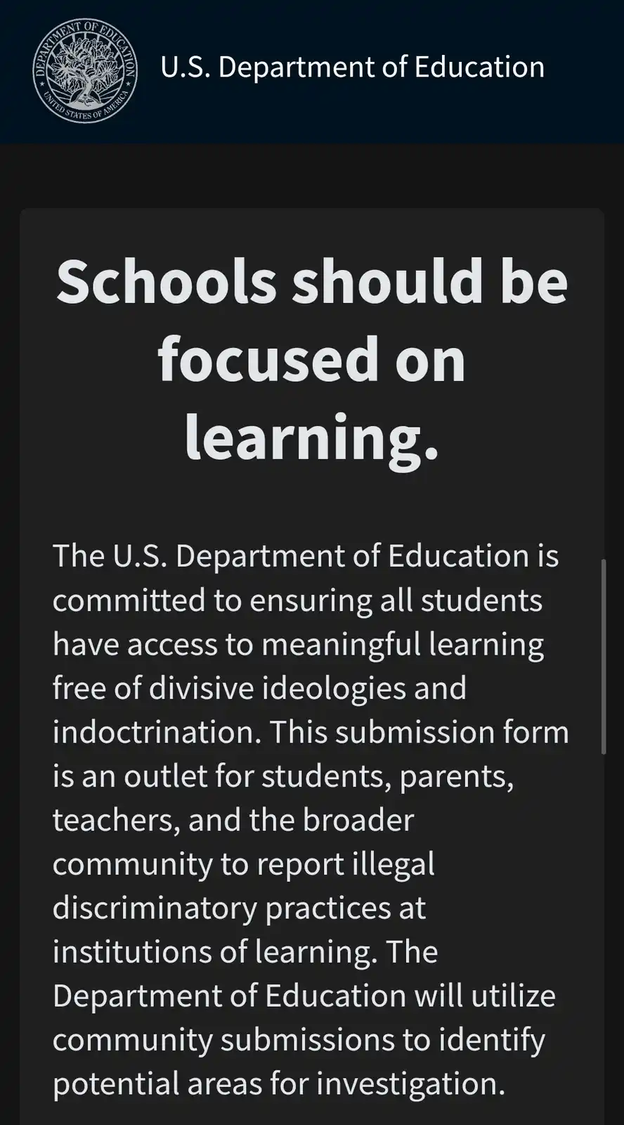 The image displays a screenshot of a U.S. Department of Education webpage with a dark background and white text. The header…