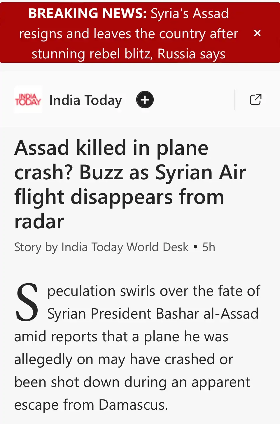 A screenshot of an India Today news article with a red 'BREAKING NEWS' banner at the top stating 'Syria's Assad resigns and…